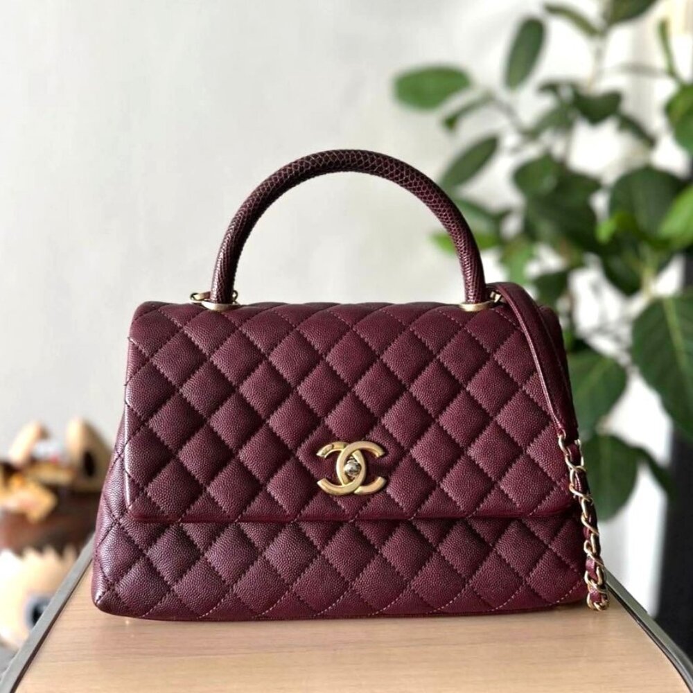 Authentic CHANEL Caviar Lizard Embossed Quilted Small Coco Handle Flap Burgundy - Picture 1 of 14